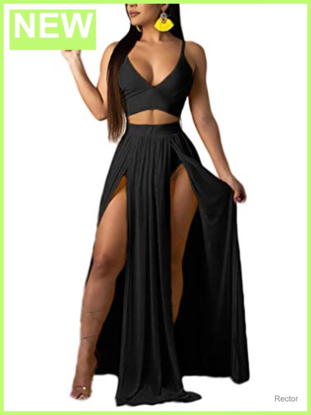 Women's 2 Piece Chiffon Skirt Set Strap Deep V Neck High Split Maxi Dress